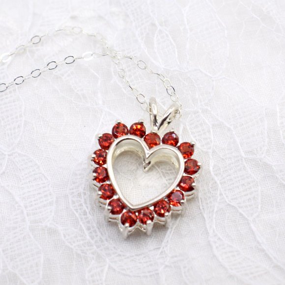 Red Rhinestone Heart Pendant Necklace Reversible Sterling Silver Clear Red 18" - Picture 8 of 9